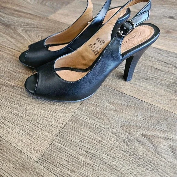 Classic Black Peep Toe Slingback Heels – George Kitten Heel - Picture 2 of 8